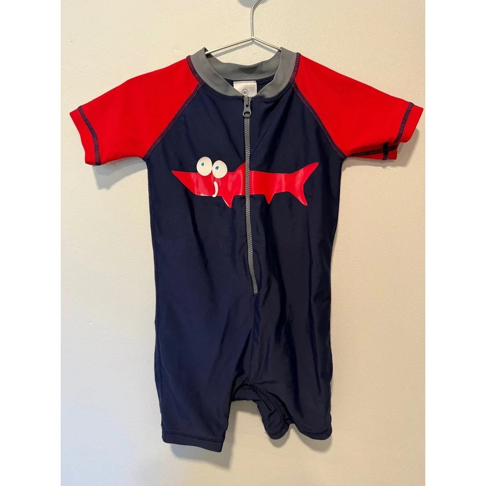 Hanna Andersson Shark Sun Suit Navy Red Zip Front Rash Guard One Piece 80 cm